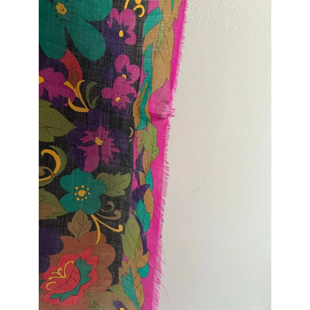 Vintage Retro Wmn's Lightweight Wool Square Scarf Artsy Pink Green 34